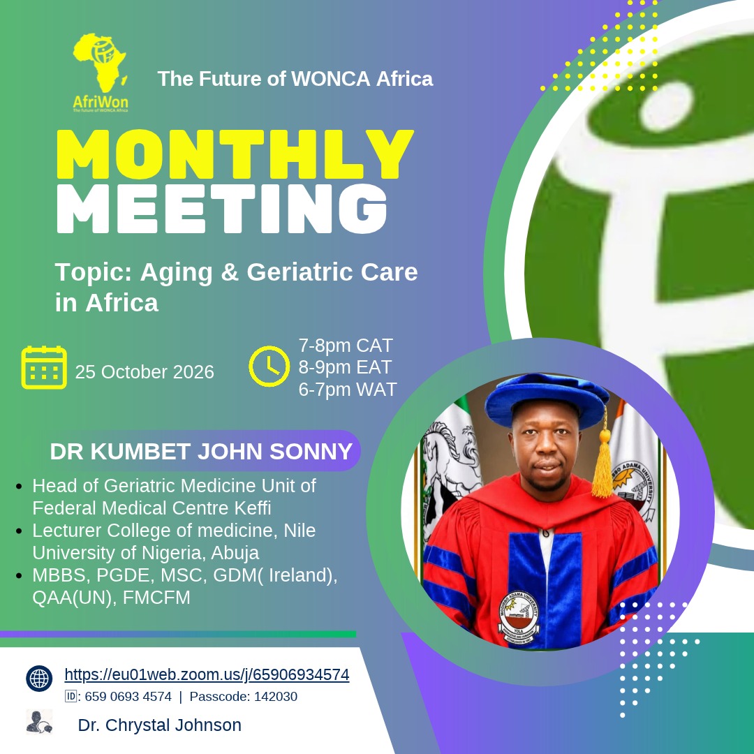 AfriWON October 2026 monthly meeting on Aging and Geriatric Care in Africa, featuring Dr Kumbet John Sonny